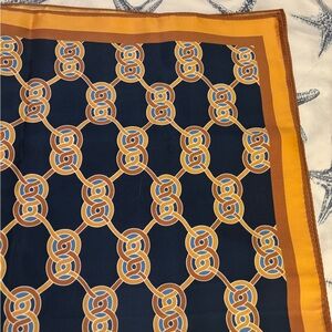 J. McLaughlin Silky Scarf Large Square Patterned Rich Navy Gold Brown Blue NWOT